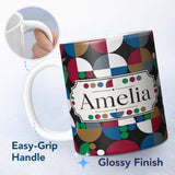 Personalized Custom Name Abstract Geometric Circle Pattern with Bold Colors Cute Unique Gift 11oz Ceramic Coffee Tea Mug White Large Handle