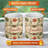 Personalized Custom Name Elegant Christmas Bauble Botanical Berry Festive Seamless Pattern 11oz Ceramic Coffee Tea Mug White Large Handle