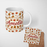 Personalized Custom Name Cute Gingerbread Cookies Stars Hearts Snowflakes Seamless Pattern 11oz Ceramic Coffee Tea Mug White Large Handle