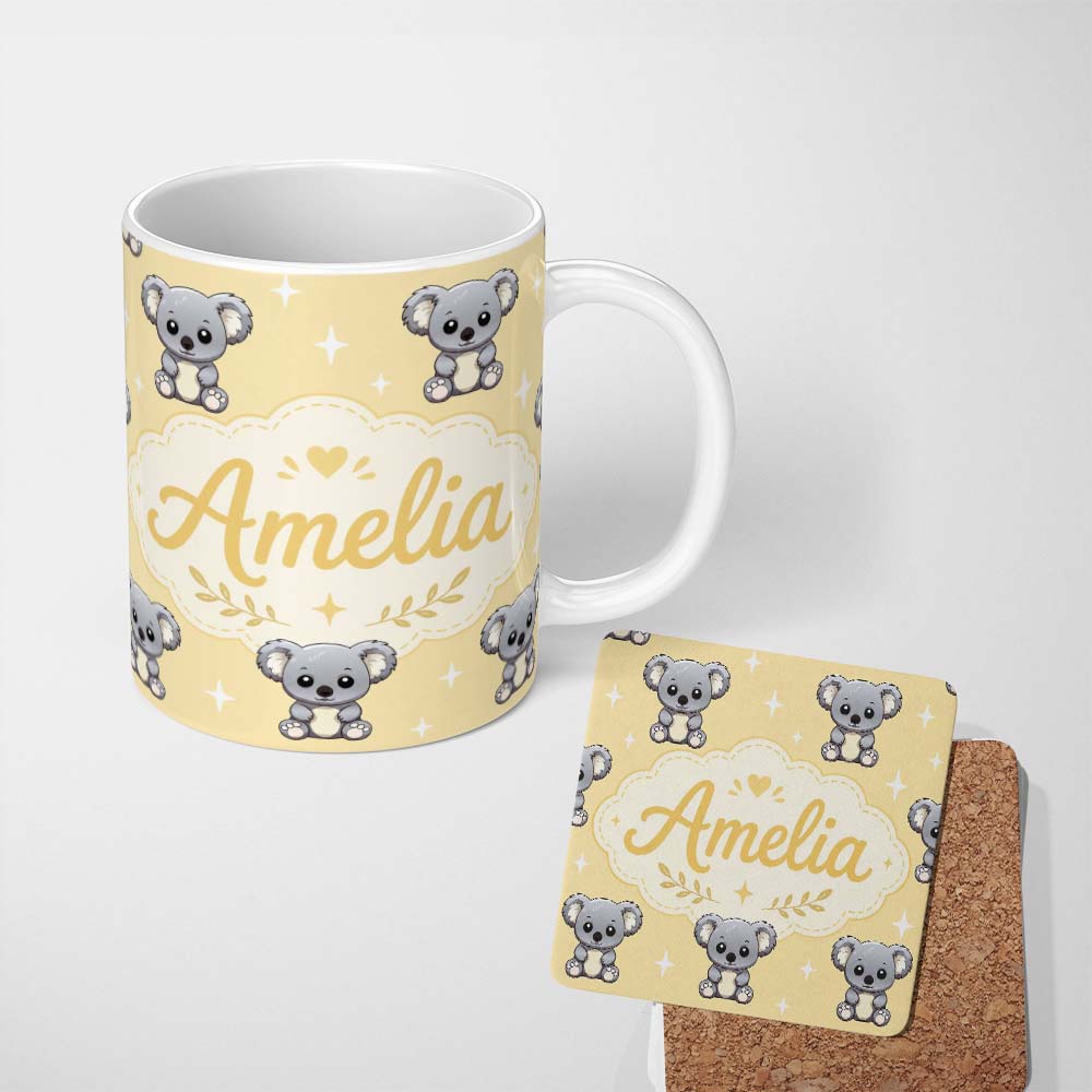 Personalized Custom Name Cute Koala Bears with Stars Yellow Background Seamless Pattern 11oz Ceramic Coffee Tea Mug White Large Handle
