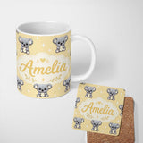 Personalized Custom Name Cute Koala Bears with Stars Yellow Background Seamless Pattern 11oz Ceramic Coffee Tea Mug White Large Handle
