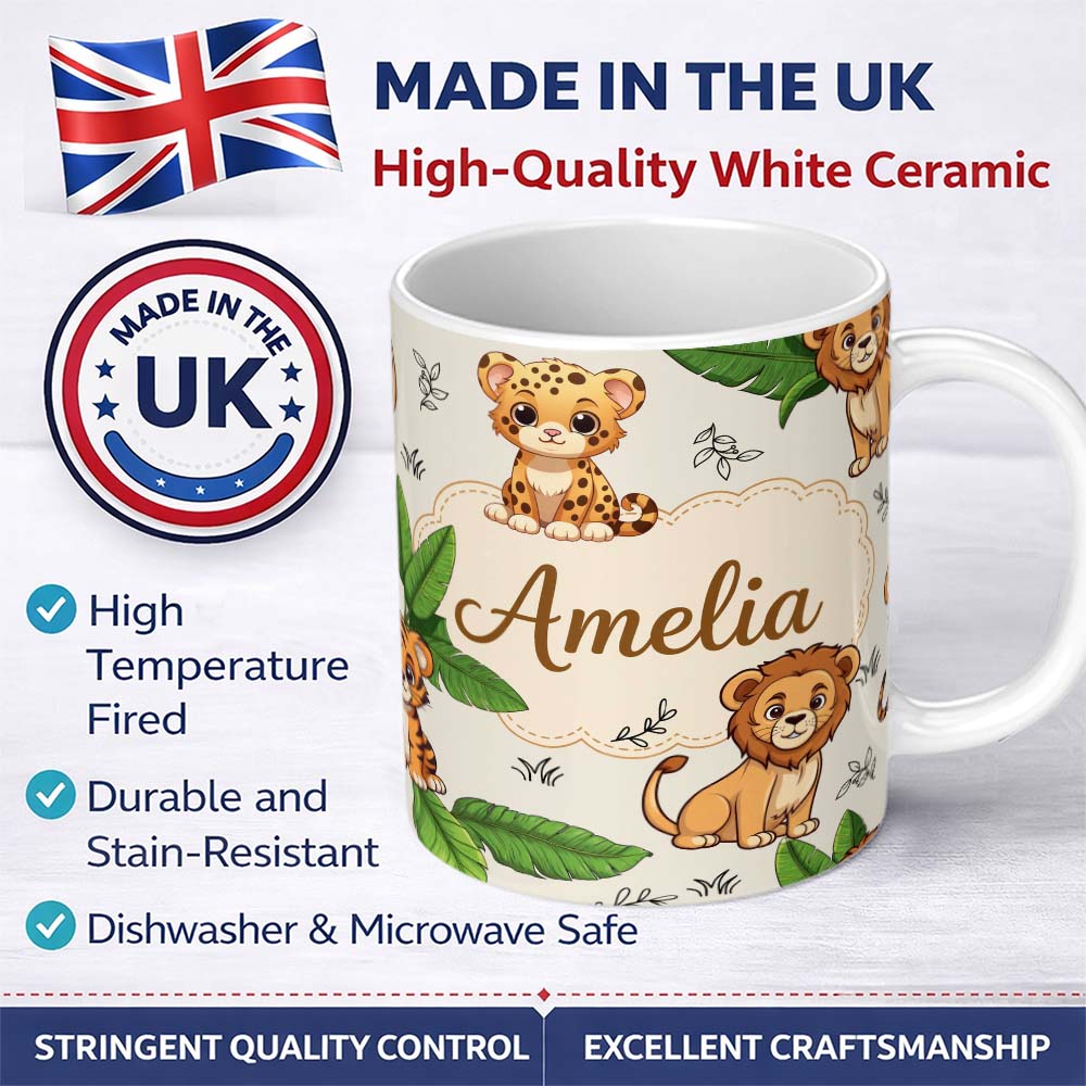 Personalized Custom Name Cute Jungle Animals Lion Tiger Leopard Neutral Background Tropical 11oz Ceramic Coffee Tea Mug White Large Handle