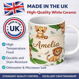 Personalized Custom Name Cute Jungle Animals Lion Tiger Leopard Neutral Background Tropical 11oz Ceramic Coffee Tea Mug White Large Handle