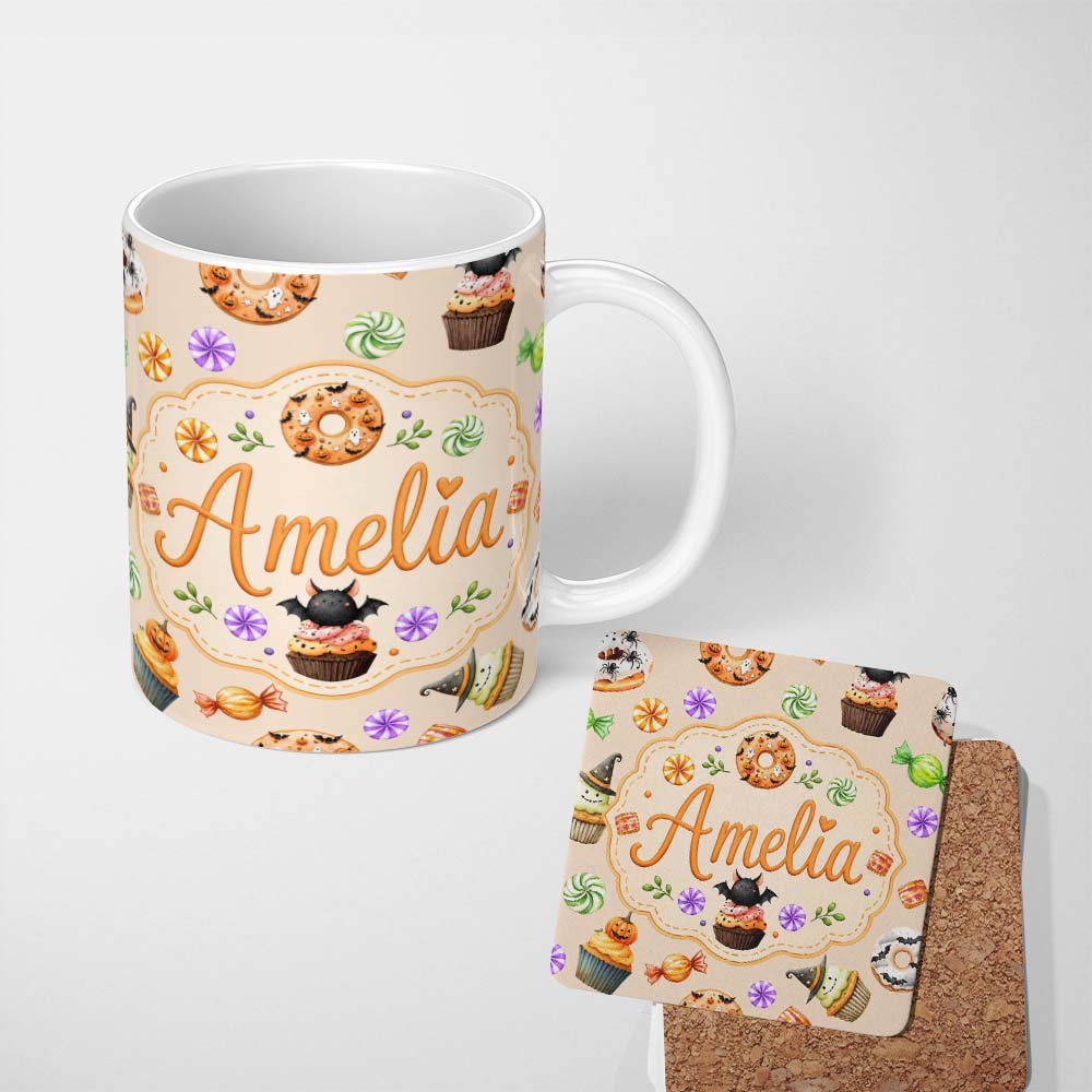 Personalized Custom Name Cute Halloween Donuts Sweets Spooky Treats Beige Background 11oz Ceramic Coffee Tea Mug White Large Handle