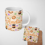 Personalized Custom Name Cute Halloween Donuts Sweets Spooky Treats Beige Background 11oz Ceramic Coffee Tea Mug White Large Handle