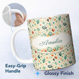 Personalized Custom Name Decorative Crystal Floral Seamless Pattern Pastel Gemstone Botanical 11oz Ceramic Coffee Tea Mug White Large Handle