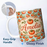 Personalized Custom Name Soft Orange Tomatoes on Light Blue Textured Background Seamless 11oz Ceramic Coffee Tea Mug White Large Handle