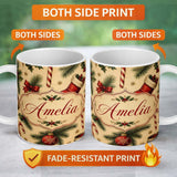Personalized Custom Name Classic Christmas Stocking Holly Pine Branch Candy Cane Seamless 11oz Ceramic Coffee Tea Mug White Large Handle