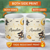 Personalized Custom Name Cute Witch Girl Riding Broom with Black Cat Soft Cream Background 11oz Ceramic Coffee Tea Mug White Large Handle
