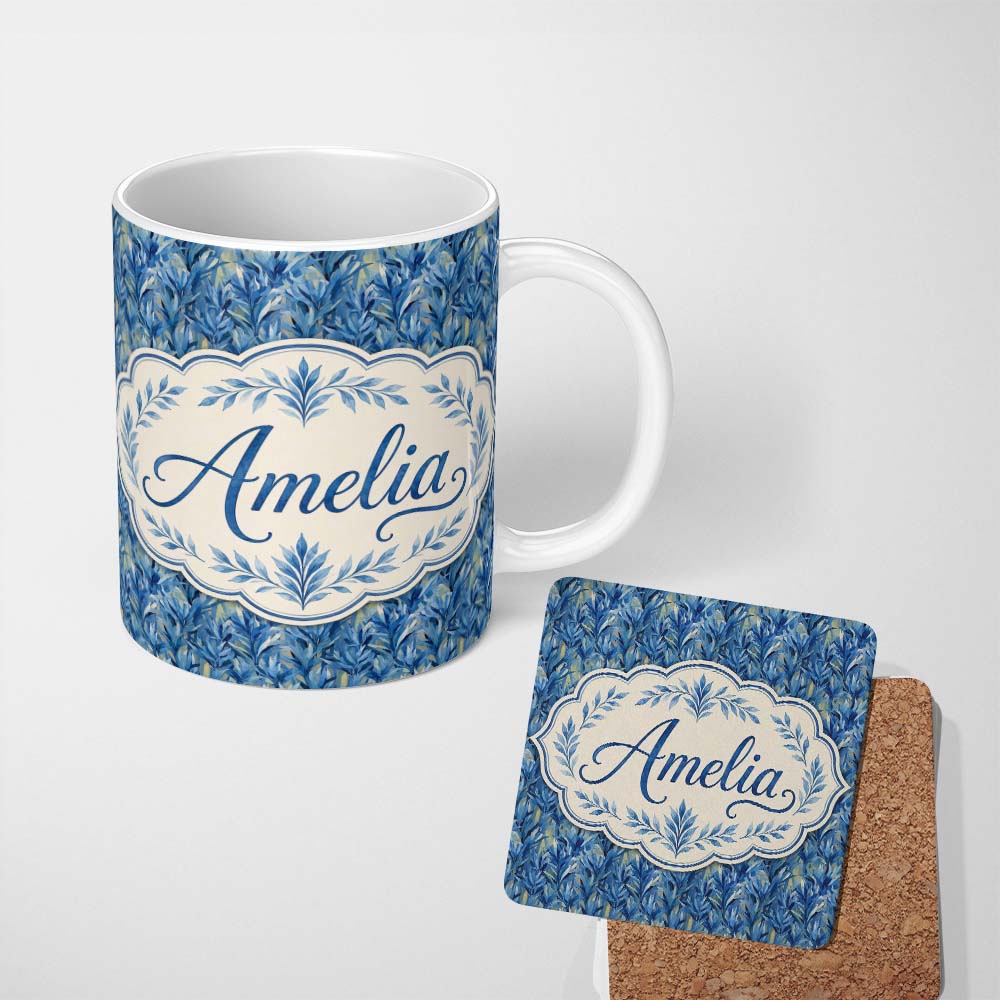 Personalized Custom Name Abstract Blue Tropical Leaf Painterly Seamless Pattern Lovely 11oz Ceramic Coffee Tea Mug White Large Handle