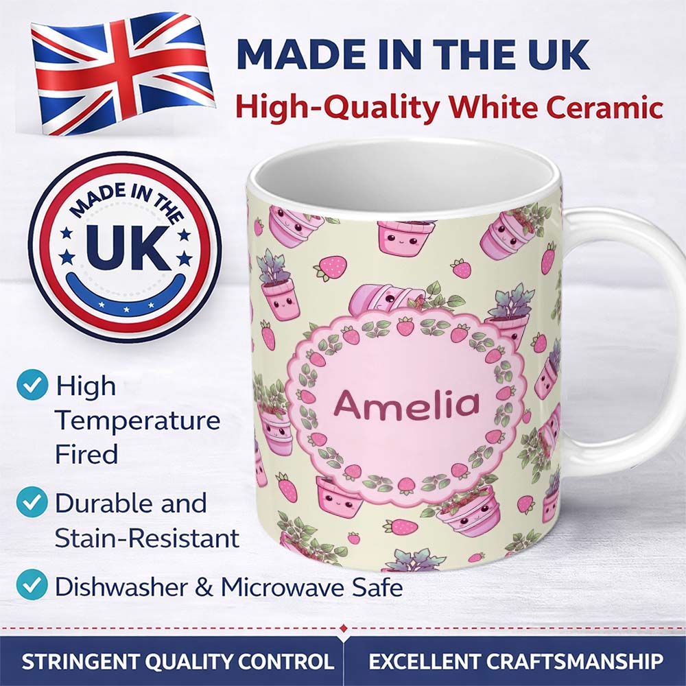 Personalized Custom Name Cute Pink Plant Pots Leaves Strawberry Seamless Pattern Cream Lovely 11oz Ceramic Coffee Tea Mug White Large Handle