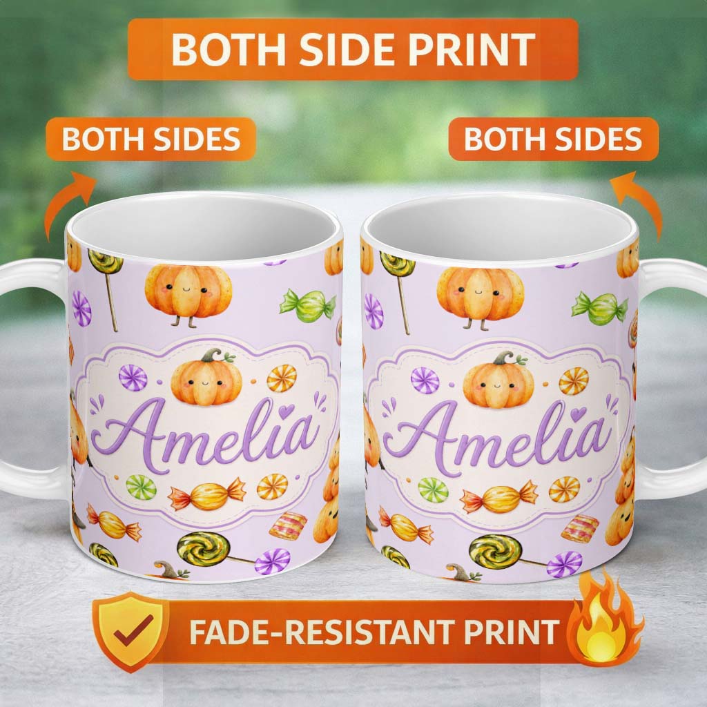 Personalized Custom Name Cute Watercolor Pumpkins and Candy Sweets on Warm Beige Background 11oz Ceramic Coffee Tea Mug White Large Handle