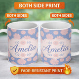 Personalized Custom Name White Daisy Floral Pattern on Soft Blue Background Seamless Pattern 11oz Ceramic Coffee Tea Mug White Large Handle
