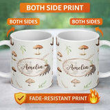 Personalized Custom Name Woodland Hedgehogs with Mushrooms Leaves Light Grey Seamless 11oz Ceramic Coffee Tea Mug White Large Handle
