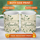 Personalized Custom Name Delicate White Floral Vine on Textured Beige Elegant Seamless Lovely 11oz Ceramic Coffee Tea Mug White Large Handle