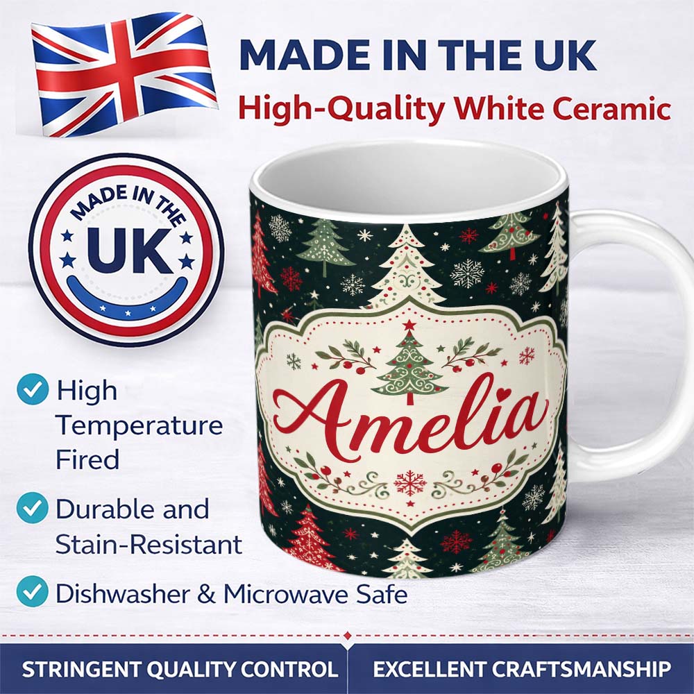 Personalized Custom Name Cute Nordic Christmas Trees Snowflake Dark Background Seamless 11oz Ceramic Coffee Tea Mug White Large Handle