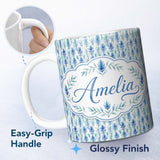 Personalized Custom Name Blue and Green Leaf Watercolor Botanical Seamless Pattern Lovely 11oz Ceramic Coffee Tea Mug White Large Handle