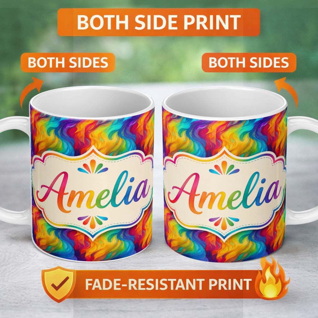 Personalized Custom Name Pastel Rainbow Diagonal Brush Texture Seamless Pattern Lovely 11oz Ceramic Coffee Tea Mug White Large Handle