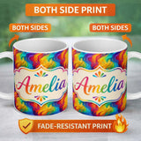 Personalized Custom Name Pastel Rainbow Diagonal Brush Texture Seamless Pattern Lovely 11oz Ceramic Coffee Tea Mug White Large Handle