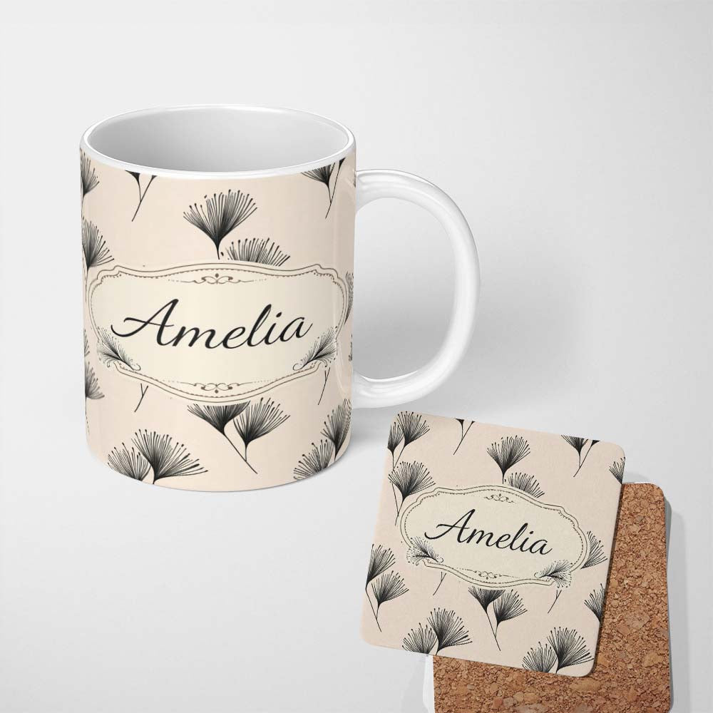 Personalized Custom Name Delicate Botanical Sprigs Black Cream Minimal Floral Pattern Lovely 11oz Ceramic Coffee Tea Mug White Large Handle