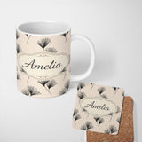 Personalized Custom Name Delicate Botanical Sprigs Black Cream Minimal Floral Pattern Lovely 11oz Ceramic Coffee Tea Mug White Large Handle