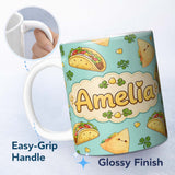 Personalized Custom Name Cute Kawaii Tacos and Wraps Seamless Pattern Teal Background Name 11oz Ceramic Coffee Tea Mug White Large Handle