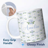 Personalized Custom Name Blue Hydrangea Stripe Bow Floral Seamless Pattern Cute Unique Gift 11oz Ceramic Coffee Tea Mug White Large Handle