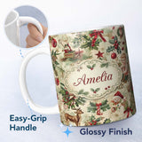 Personalized Custom Name Vintage Christmas Children Santa Tree Ornaments Holly Festive Lovely 11oz Ceramic Coffee Tea Mug White Large Handle