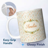 Personalized Custom Name Light Minimal Carrot and Leaf Botanical Seamless Soft Neutral Lovely 11oz Ceramic Coffee Tea Mug White Large Handle