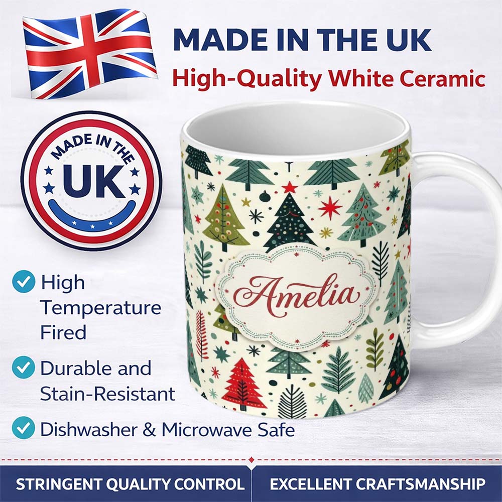 Personalized Custom Name Scandi Christmas Trees Geometric Red Green Snowflakes Seamless 11oz Ceramic Coffee Tea Mug White Large Handle