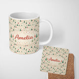 Personalized Custom Name Soft Neutral Christmas Forest Trees Seamless Pattern Lovely 11oz Ceramic Coffee Tea Mug White Large Handle