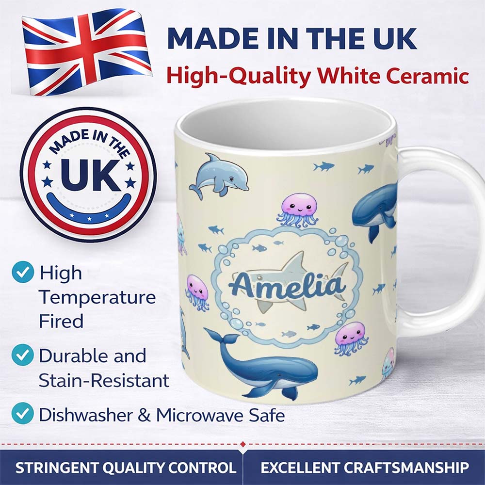 Personalized Custom Name Cute Dolphin Shark and Jellyfish Ocean Animals Neutral Beige Lovely 11oz Ceramic Coffee Tea Mug White Large Handle
