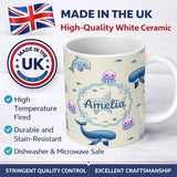 Personalized Custom Name Cute Dolphin Shark and Jellyfish Ocean Animals Neutral Beige Lovely 11oz Ceramic Coffee Tea Mug White Large Handle