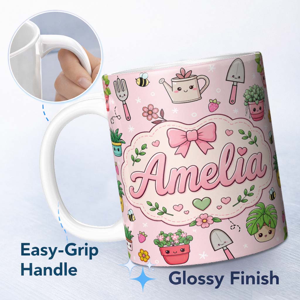 Personalized Custom Name Cute Kawaii Garden Tools Plants Bees Seamless Pattern Pink Floral 11oz Ceramic Coffee Tea Mug White Large Handle