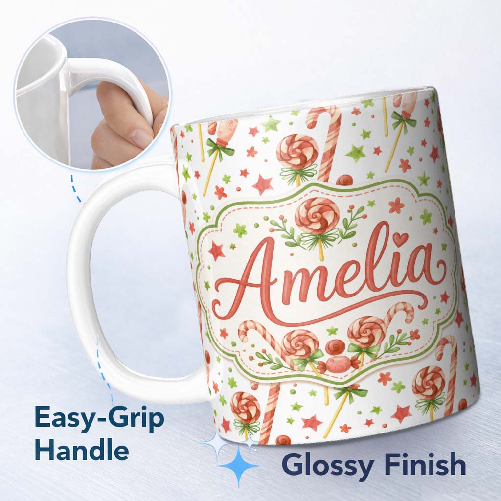 Personalized Custom Name Cute Candy Cane Lollipop Sweet Christmas Seamless Pattern Lovely 11oz Ceramic Coffee Tea Mug White Large Handle