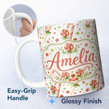 Personalized Custom Name Cute Candy Cane Lollipop Sweet Christmas Seamless Pattern Lovely 11oz Ceramic Coffee Tea Mug White Large Handle