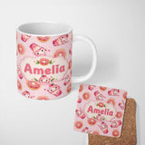 Personalized Custom Name Cute Kawaii Donuts and Strawberry Milkshake Blush Pink Background 11oz Ceramic Coffee Tea Mug White Large Handle