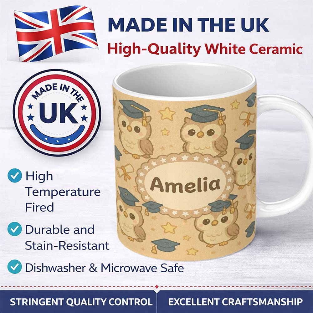 Personalized Custom Name Cute Graduation Owl Cartoon Animal Pattern Cute Unique Gift Lovely 11oz Ceramic Coffee Tea Mug White Large Handle