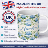 Personalized Custom Name Classic Blue Hydrangea Garden Floral Seamless Pattern Lovely 11oz Ceramic Coffee Tea Mug White Large Handle