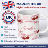 Personalized Custom Name Cherry Bow Ribbon Cute Pink Gingham Picnic Check Seamless Pattern 11oz Ceramic Coffee Tea Mug White Large Handle