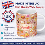 Personalized Custom Name Kawaii Fast Food Burger Sushi Taco Pizza Beige Seamless Pattern 11oz Ceramic Coffee Tea Mug White Large Handle