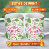 Personalized Custom Name Simple Green Christmas Trees Leaves Berries Seamless Pattern Lovely 11oz Ceramic Coffee Tea Mug White Large Handle