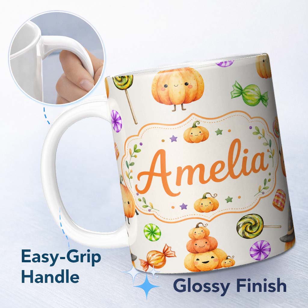 Personalized Custom Name Cute Halloween Pumpkin Candy Characters Neutral Background Seamless 11oz Ceramic Coffee Tea Mug White Large Handle