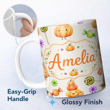 Personalized Custom Name Cute Halloween Pumpkin Candy Characters Neutral Background Seamless 11oz Ceramic Coffee Tea Mug White Large Handle