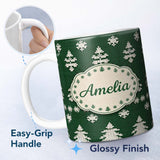Personalized Custom Name Knitted Nordic Snowflake Christmas Tree Seamless Pattern Lovely 11oz Ceramic Coffee Tea Mug White Large Handle