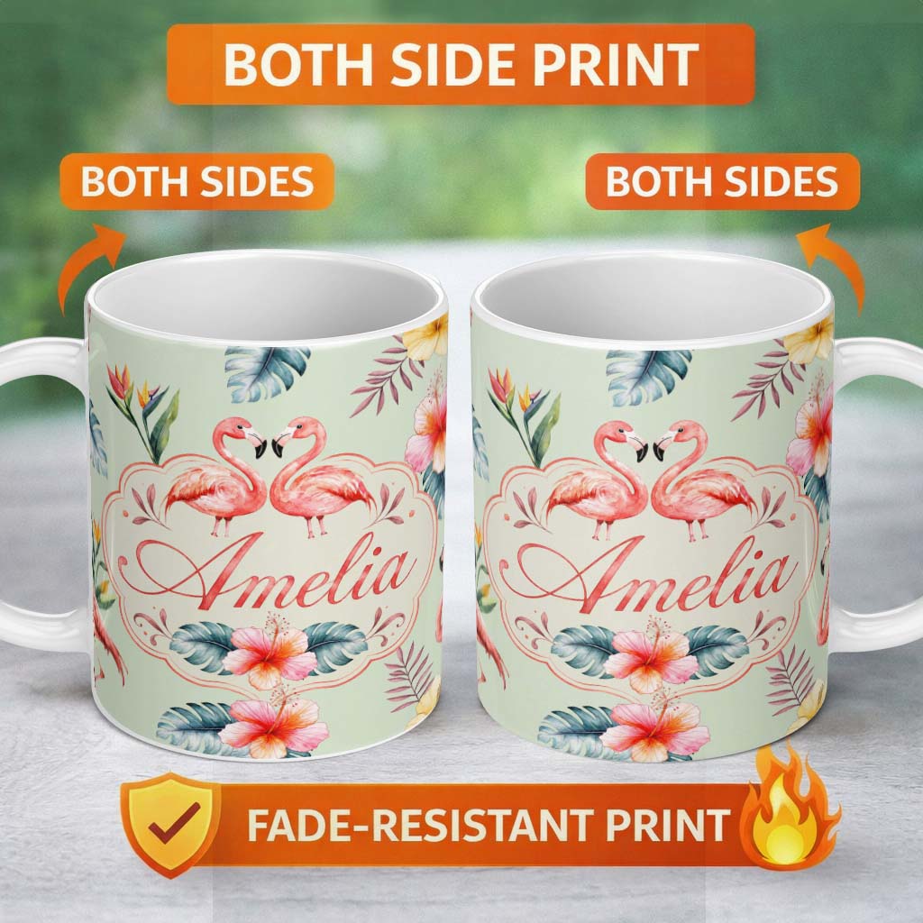 Personalized Custom Name Elegant Pink Flamingos Tropical Flowers on Sage Green Background 11oz Ceramic Coffee Tea Mug White Large Handle