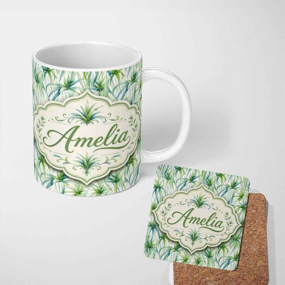 Personalized Custom Name Fresh Tropical Spider Plant Foliage Seamless Pattern Design Lovely 11oz Ceramic Coffee Tea Mug White Large Handle