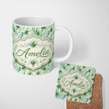Personalized Custom Name Fresh Tropical Spider Plant Foliage Seamless Pattern Design Lovely 11oz Ceramic Coffee Tea Mug White Large Handle