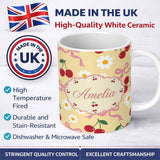 Personalized Custom Name Cute Cherry Bow and Daisy Yellow Check Seamless Pattern Lovely 11oz Ceramic Coffee Tea Mug White Large Handle