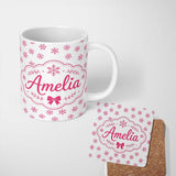 Personalized Custom Name Minimal Pink Snowflake White Background Winter Seamless Pattern 11oz Ceramic Coffee Tea Mug White Large Handle